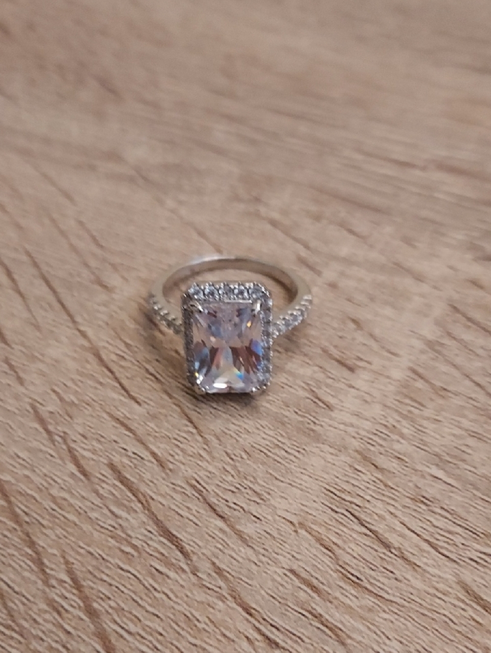 Classic Plated White K Halo Emerald-Cut Simulated Cubic Zirconia Ring - Clear